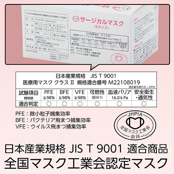 【F】全国マスク工業会認定　サージカルマスク（Sサイズ）白（50枚入）JIS T 9001医療用マスクclassⅡ規格 FV-MS-007